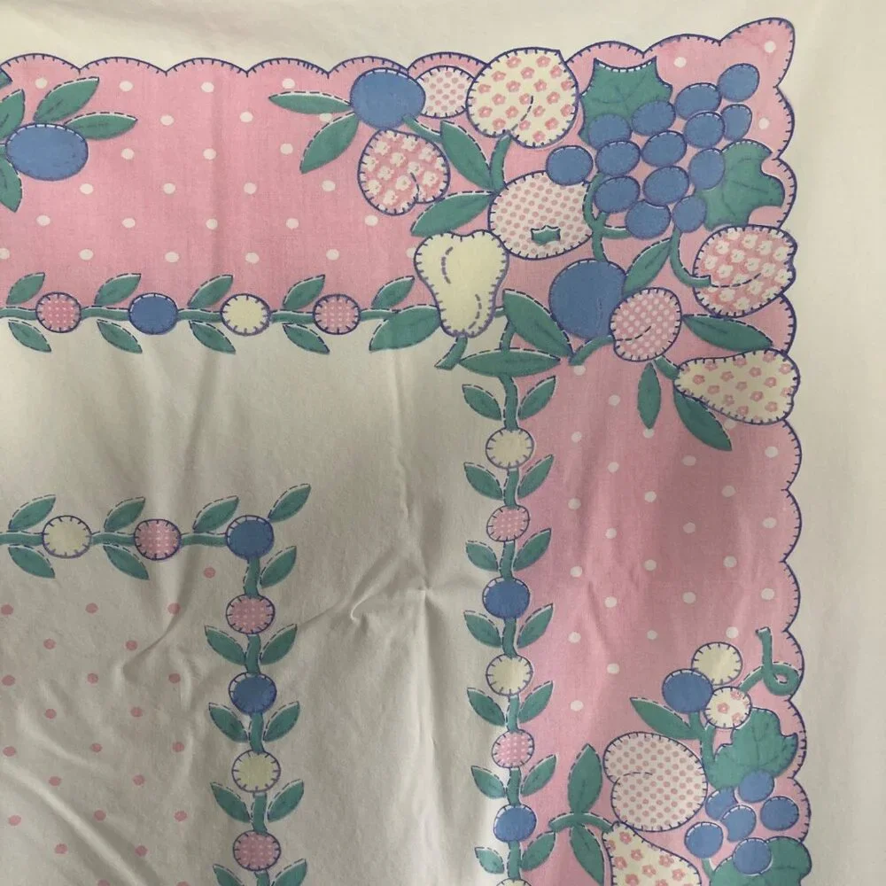 Vintage Fruit Tablecloth Pink Blue 51x 58 Cotton Mid Century Spring Summer